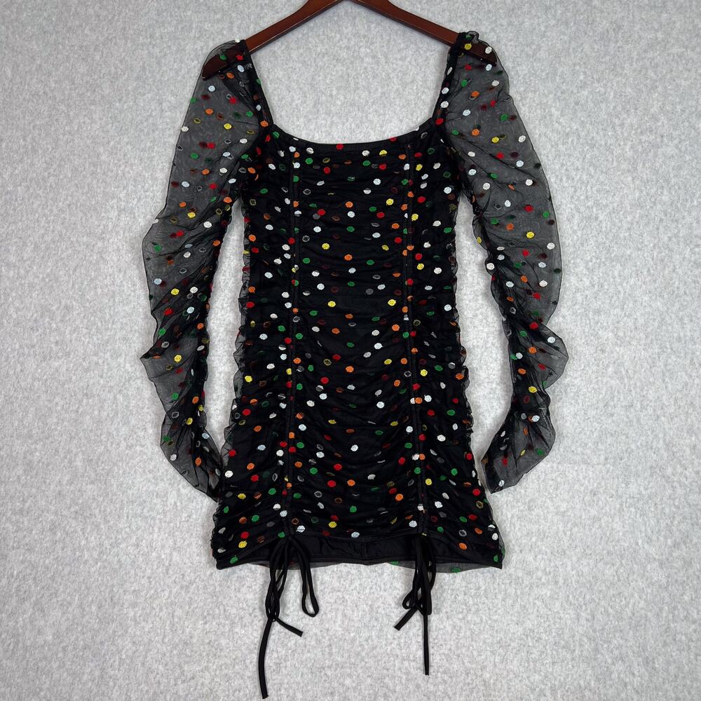 Camila Coelho Black Multi Polka Dot Kiana Sheer Long Sleeve Mini Dress Sz Small